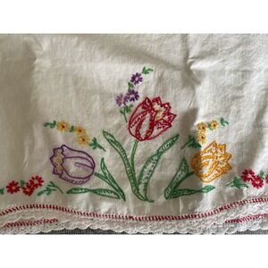 2 Vintage White Hand-stiched Needlepoint Floral Standard Size Pillowcase